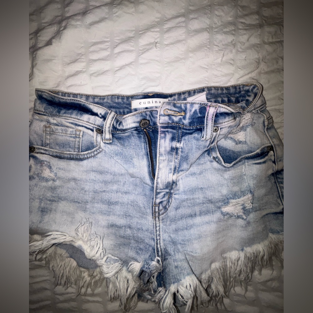 Eunina Light Blue Frayed Denim Shorts